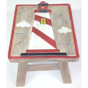 Red Stripes Lighthouse Hand Carved Wood Bath Step Stool